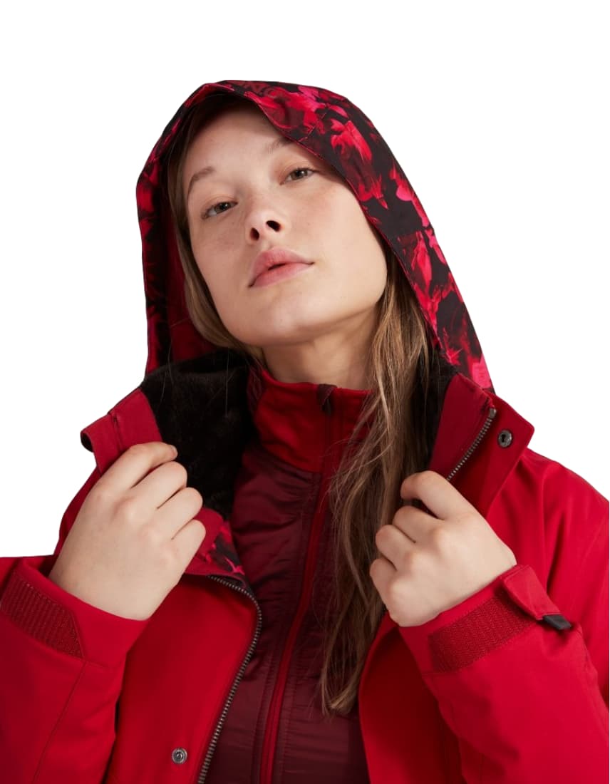 Coral női síkabát közelről, kapucnis.