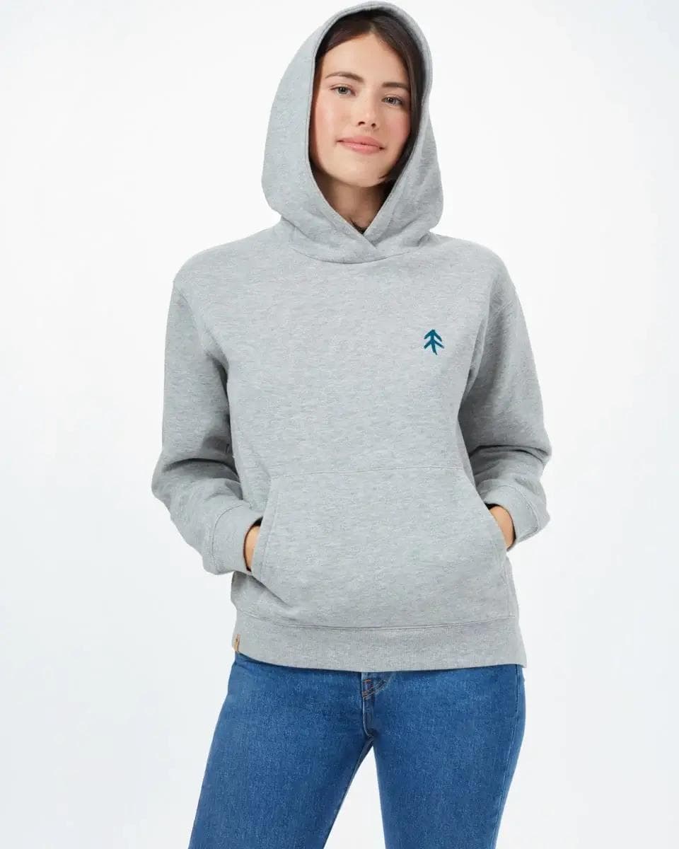 Brushed tree női kapucnis pulóver szürke színben, modellen, szemből